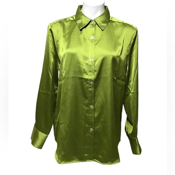 RACHEL Rachel Roy Green Satin along Sleeve Button Blouse New Size Large - Picture 1 of 14